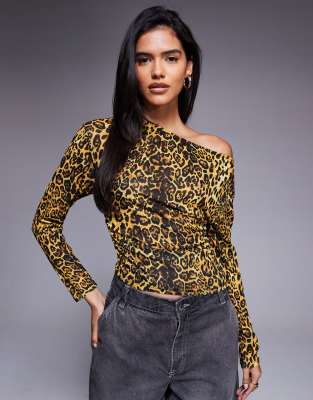 ASOS DESIGN leopard printed off shoulder cinched top in multi
