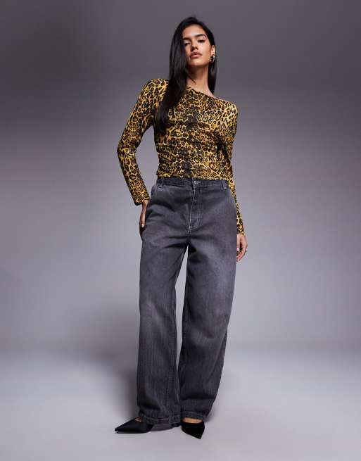 ASOS DESIGN leopard printed off-shoulder cinched top in multi, 3 of 4