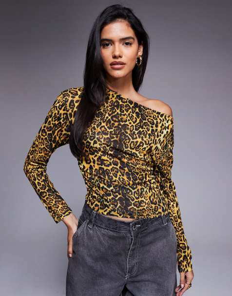 ASOS DESIGN leopard printed off the shoulder cinched top in multi - view 1