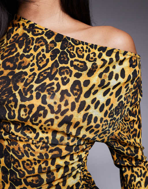ASOS DESIGN leopard printed off the shoulder cinched top in multi, 2 of 4