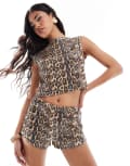 [ASOS DESIGN] ASOS DESIGN leopard sequin slash neck top in brown (part of a set)-Multi XS Brown
