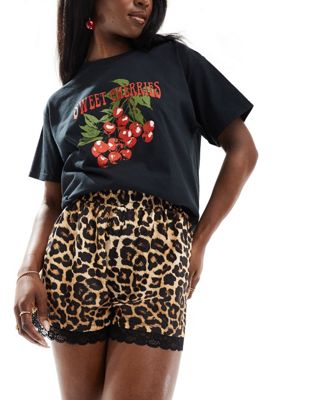 ASOS DESIGN leopard shorts with lace detail in black