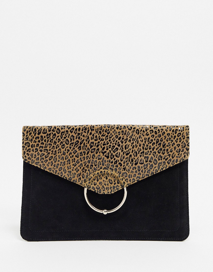 ASOS DESIGN leopard & suede mix clutch bag with ringball-Multi