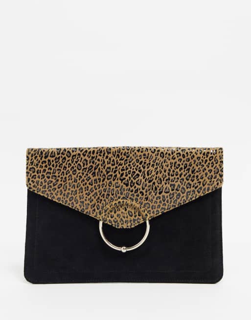 ASOS DESIGN leopard suede mix clutch bag with ringball