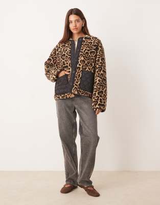 Asos Design Leopard Teddy Jacket With Quilted Nylon Detail In Multi