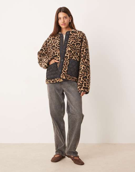 ASOS DESIGN leopard teddy jacket with quilted nylon detail in black