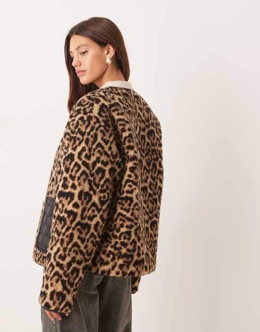 ASOS DESIGN leopard teddy jacket with quilted nylon detail in black