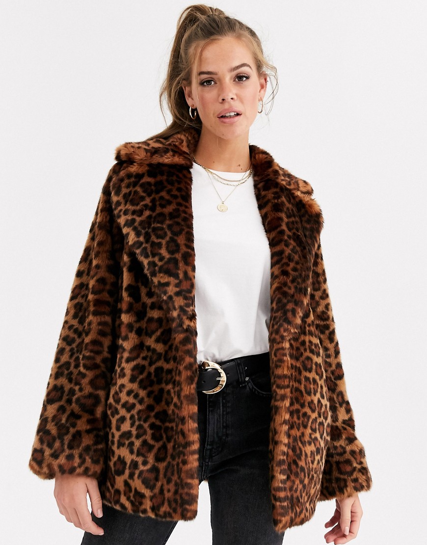 ASOS DESIGN – Leopardmönstrad kappa i fuskpäls-Flerfärgad