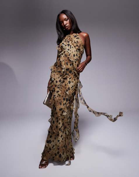 ASOS DESIGN – Leopardmönstrad maxiklänning med asymmetrisk volang - view 1