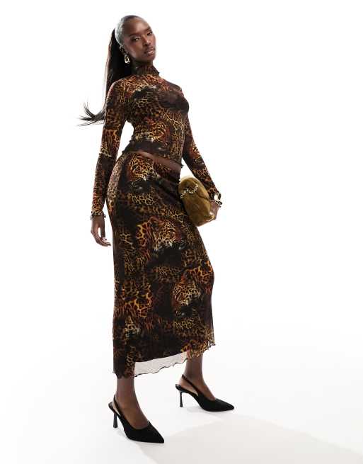 ASOS DESIGN – Leopardmönstrad midikjol i mesh, del av set