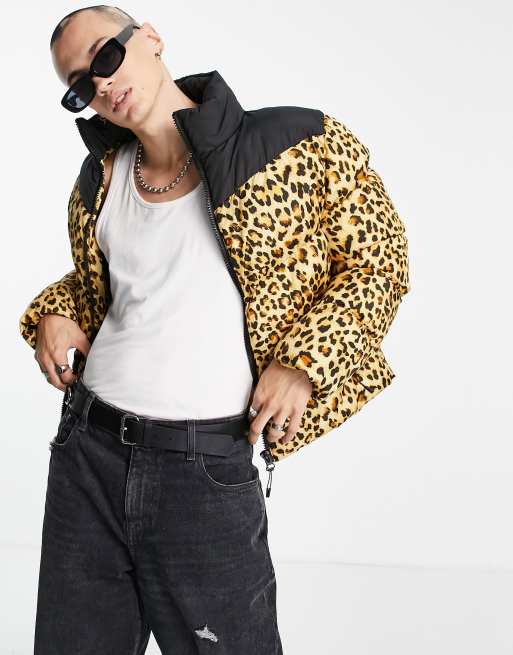 ASOS DESIGN – Leopardmönstrad pufferjacka med kontrastpaneler