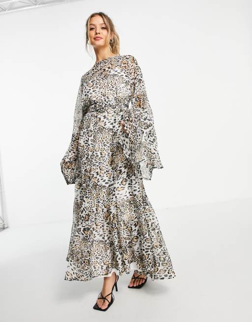 ASOS DESIGN – Leopardmönstrad skaterklänning i maxilängd med utsvängda ärmar