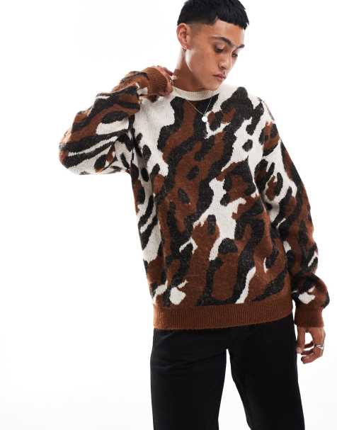 ASOS DESIGN – Leopardmönstrad, stickad och borstad tröja med avslappnad passform - view 1