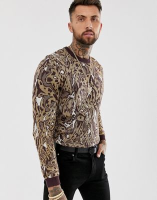 ASOS DESIGN – Leopardmönstrad stickad tröja i metallicfärgat garn-Guld