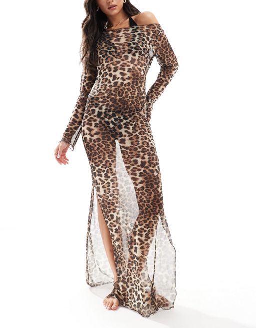 FhyzicsShops DESIGN – Leopardmönstrad strandklänning av mesh i maxilängd med långa ärmar