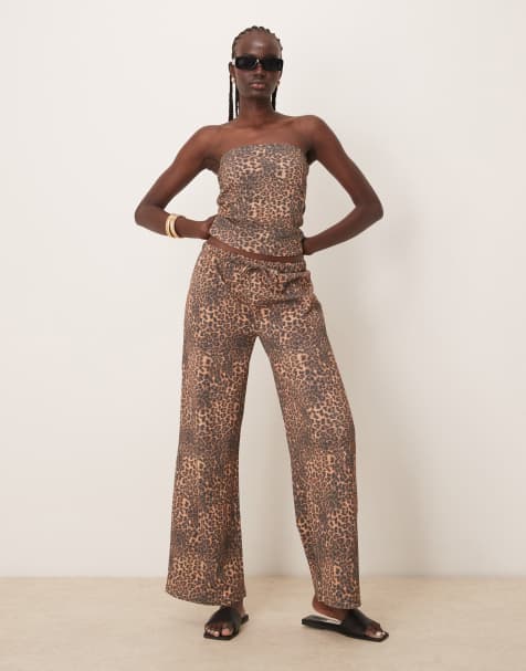 ASOS DESIGN – Leopardmönstrade, vida byxor med våffelstruktur, del av set - view 1