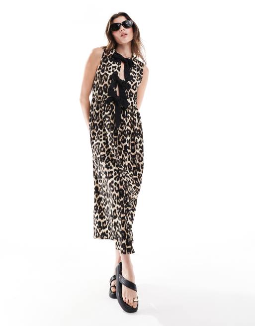 ASOS DESIGN - Leopardprintet maxikjole uden ærmer med bindebånd fortil