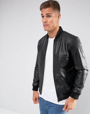 asos design leather bomber jacket in black