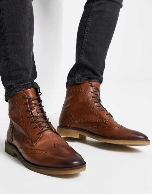 ASOS DESIGN - Leren brogue laarzen met natuurlijke zool, in bruin, 4 van 4