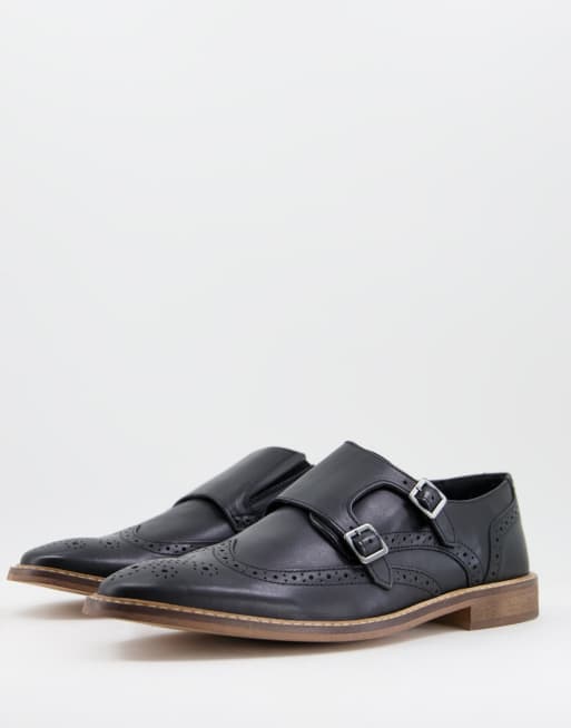ASOS DESIGN - Leren gespschoenen met brogue-details in zwart