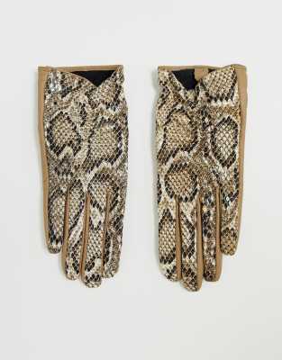 ASOS DESIGN - Leren handschoenen met slangenprint en touch screen-Bruin Bruin
