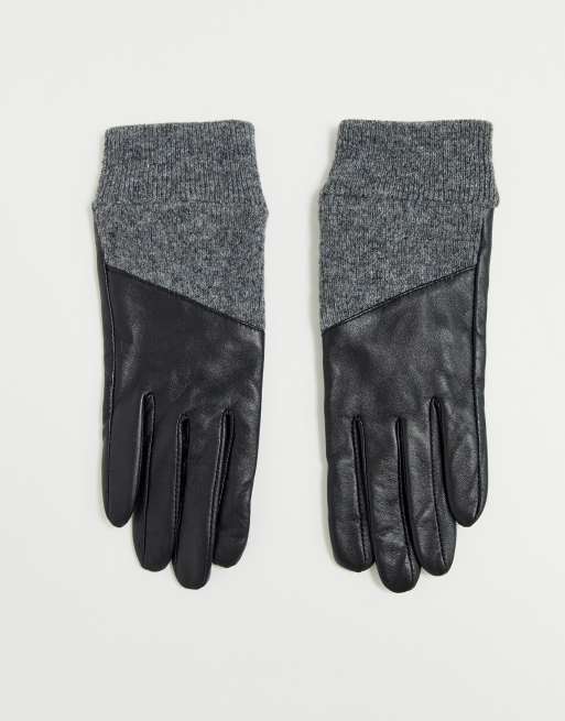 ASOS DESIGN - Leren handschoenen met touchscreen en geribbelde manchetten in zwart en grijs