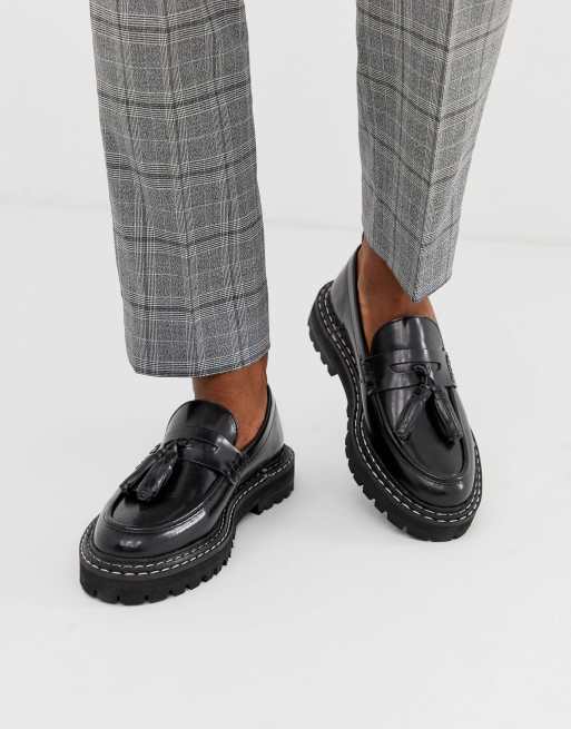 ASOS DESIGN Leren loafers met dikke zool en contrasterend stiksel in zwart