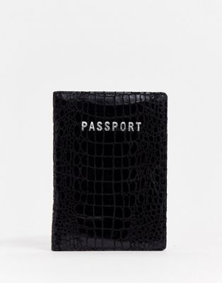 ASOS DESIGN - Leren paspoorthoesje met zwarte krokodillenprint