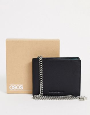 ASOS DESIGN - Leren portemonnee met ketting en contrasterende binnenkant in zwart