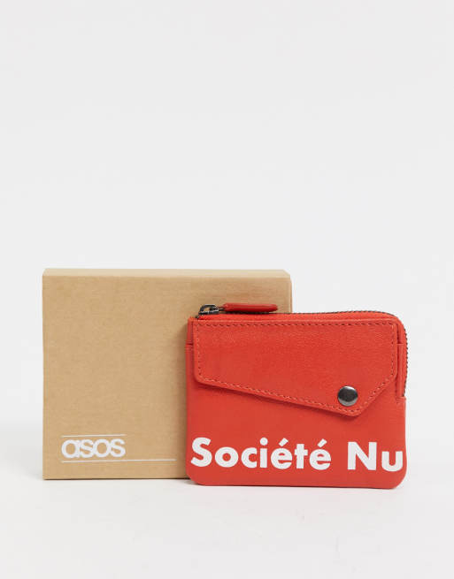 ASOS DESIGN - Leren portemonnee met rits rondom en tekstprint in rood