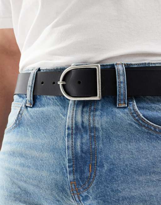 ASOS DESIGN - Leren riem in zwart met gepolijste zilveren ronde gesp