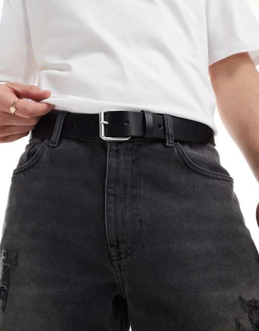 ASOS DESIGN - Leren riem met gepolijste zilveren rolgesp in zwart