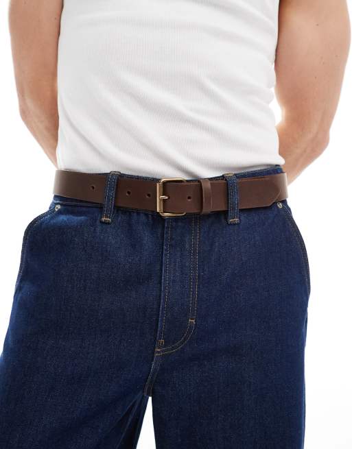 ASOS DESIGN - Leren riem met rolgesp in gepolijst goud en bruin