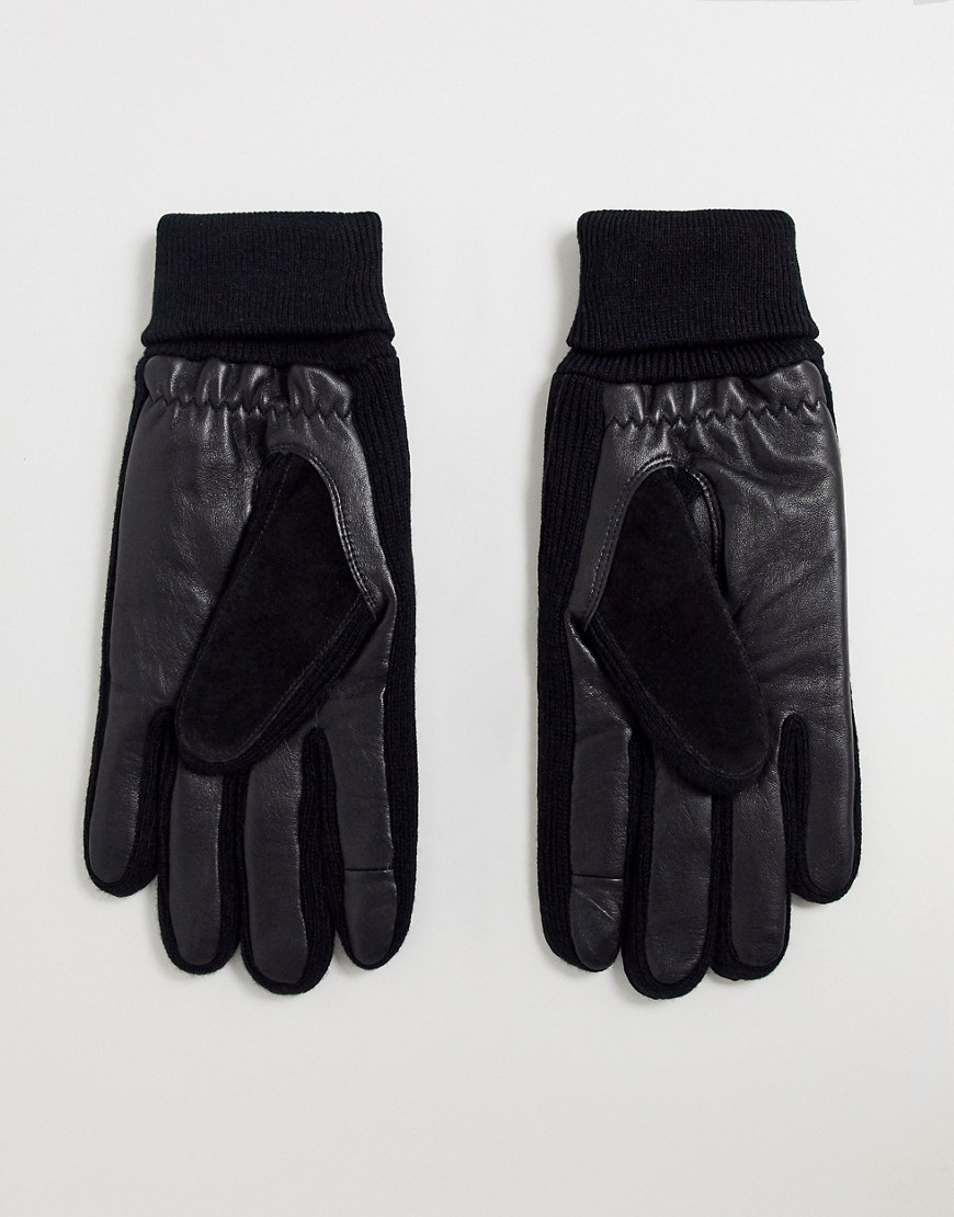 ASOS DESIGN - Leren touchscreen-handschoenen in zwart met suède en geribbelde manchetten