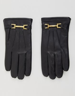 ASOS DESIGN - Leren touchscreen handschoenen met goudkleurige metalen details in zwart
