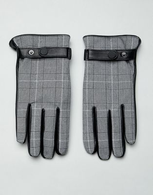 ASOS DESIGN - Leren touchscreen-handschoenen met Prince of Wales-ruit in zwart