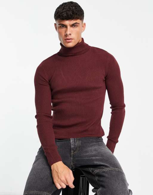 ASOS DESIGN - Let, ribstrikket trøje med rullekrave i bordeauxrød
