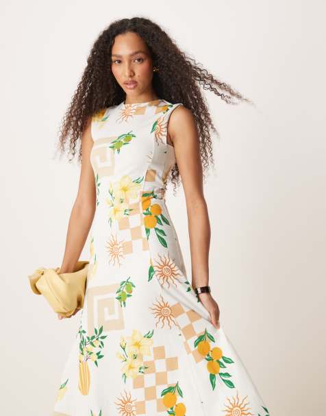 ASOS Design cotton sleeveless midi sundress in postcard print