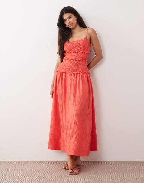 ASOS DESIGN – Letnia czerwona marszczona sukienka maxi z obniżonym stanem - view 1