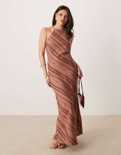 ASOS DESIGN – Letnia lniana sukienka maxi na ramiączkach w brązowe paski - view 1
