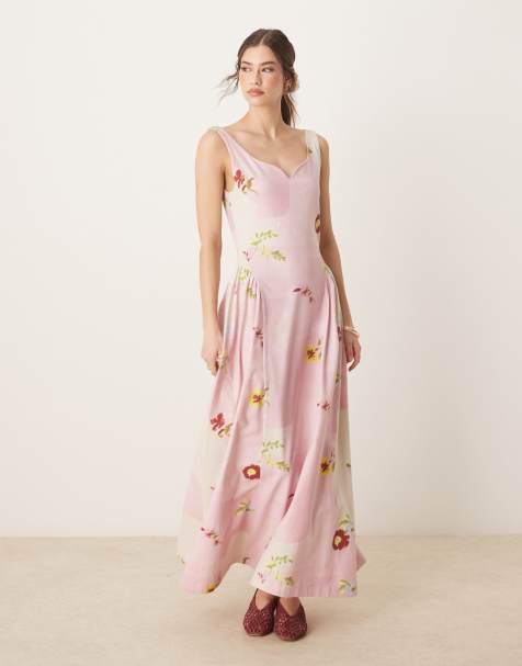 ASOS DESIGN – Letnia różowa sukienka maxi z pełną spódnicą w patchworkowy kwiatowy wzór - view 1