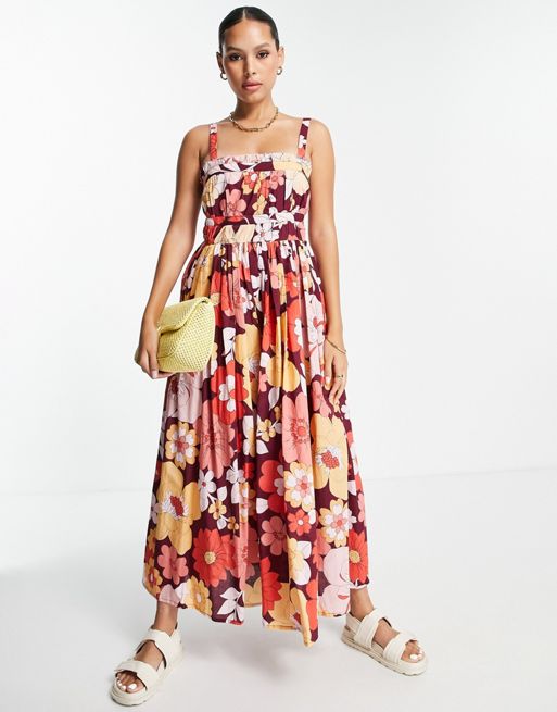 ASOS DESIGN – Letnia sukienka midi na ramiączkach w odważny kwiatowy retro  wzór | ASOS