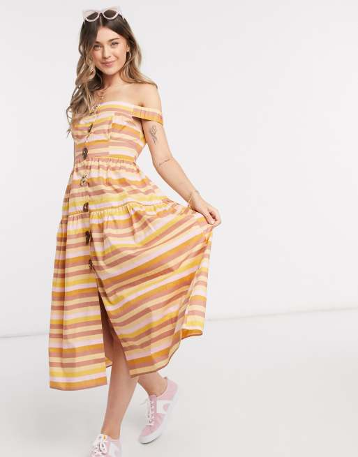 ASOS DESIGN – Letnia sukienka midi z bawełnianej popeliny w paski z odsłoniętymi ramionami i różnymi guzikami