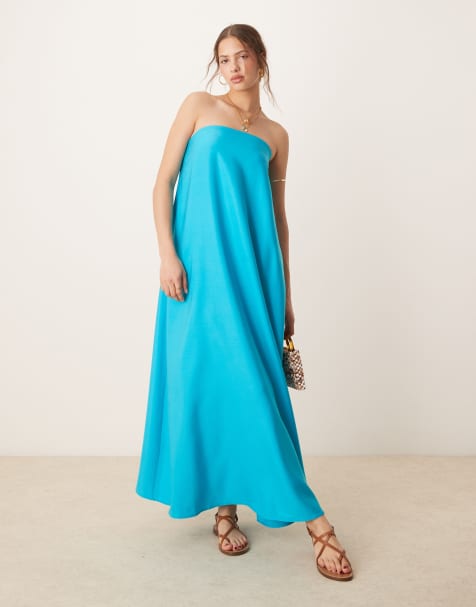 ASOS DESIGN – Letnia turkusowa sukienka maxi z dekoltem bandeau z materiału cupro - view 1