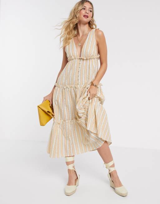 ASOS DESIGN – Letnia warstwowa sukienka midi w paski zapinana na guziki
