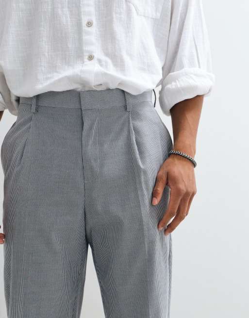 ASOS DESIGN lette skræddersyede afslappede tapered-bukser i hør med blå nålestribe, 2 af 5
