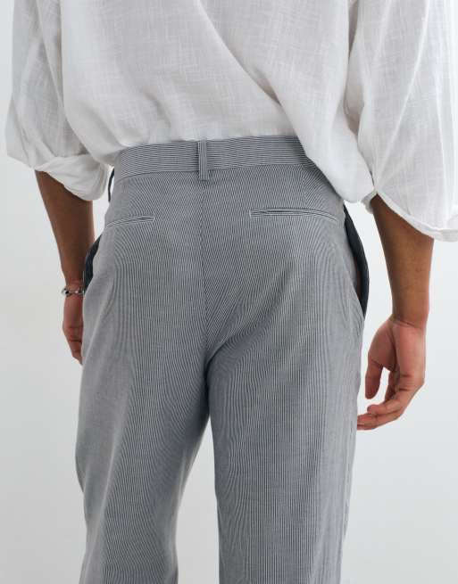 ASOS DESIGN lette skræddersyede afslappede tapered-bukser i hør med blå nålestribe, 4 af 5