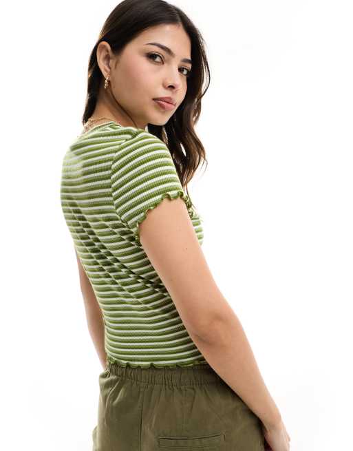 ASOS DESIGN lettuce edge baby t-shirt in green tonal stripe, 4 of 4