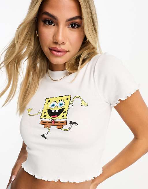 ASOS DESIGN lettuce edge baby tee with glitter spongebob license graphic in white