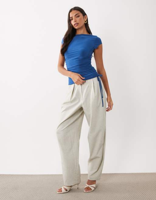 ASOS DESIGN lettuce edge cap sleeve top with ruching channel in blue, 2 of 4